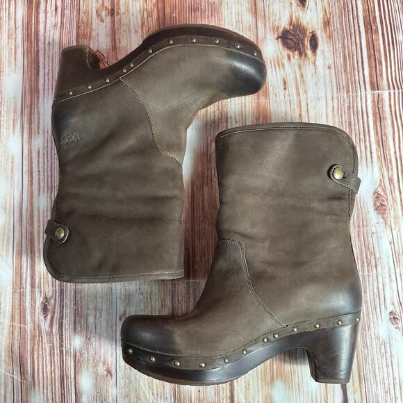 UGG Fold Over Size 8 Brown Leather Sheepskin Cuff LYNNEA Ankle Calf Boots Shoes - Picture 7 of 13